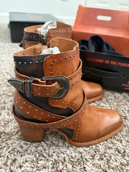 Freebird Patsy Studded Tan Leather Ankle Boots with Buckle - Picture 1 of 6